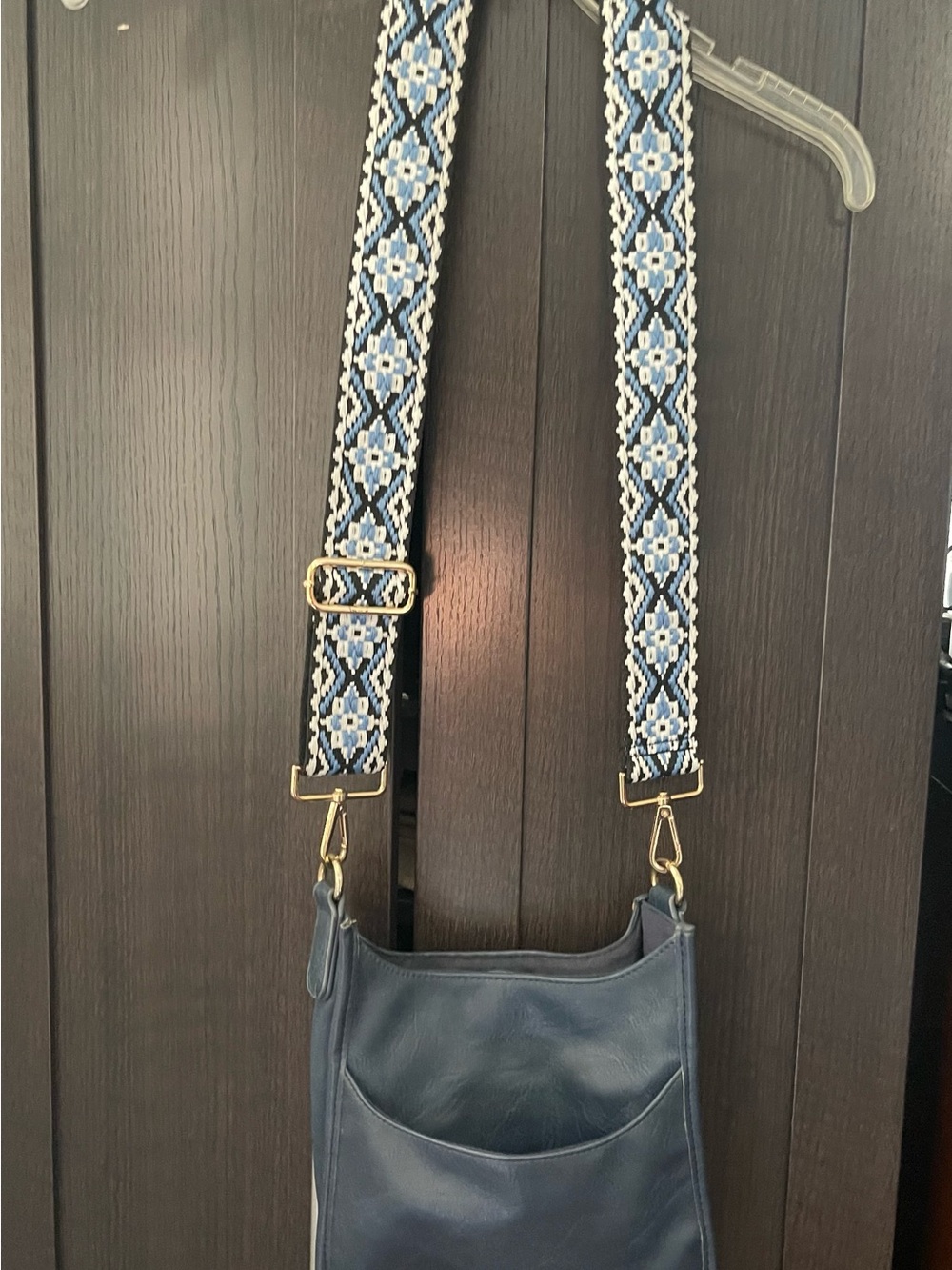 Classic Navy Leather Crossbody with Patterned Blue Woven Strap